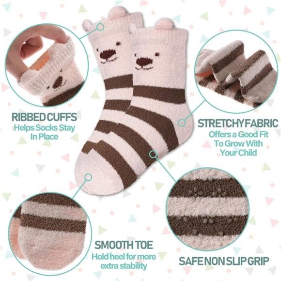 6 Pairs, Kids Fuzzy Socks with Grips Non Slip Fluffy Winter Warm Crew Socks - Picture 4 of 6